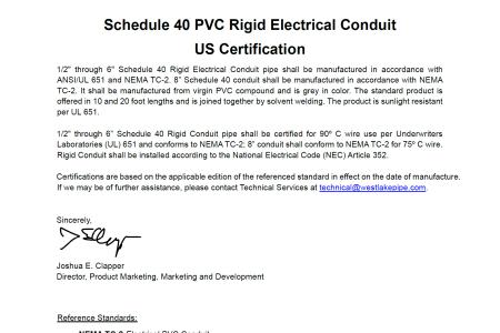 Sch 40 PVC Rigid Electrical Conduit Certification thumbnail