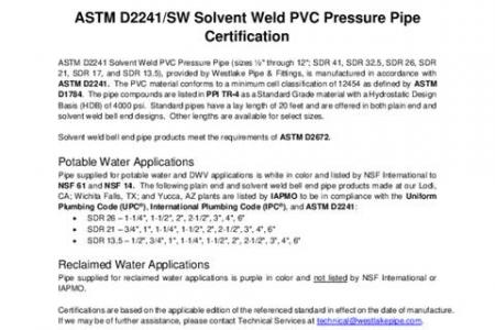 ASTM D2241/SW Solvent Weld PVC Pressure Pipe Certification Letter