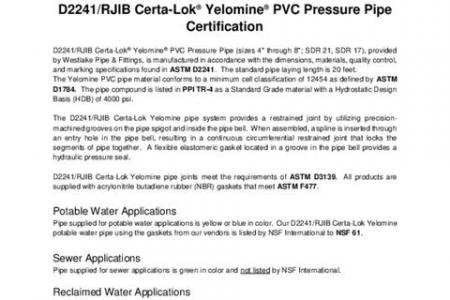 D2241/RJIB Certa-Lok® Yelomine® PVC Pressure Pipe Certification Letter