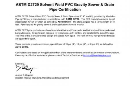 ASTM D2729 Solvent Weld PVC Gravity Sewer & Drain Pipe Certification Letter