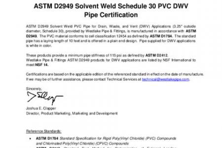 ASTM D2949 Solvent Weld Schedule 30 PVC DWV Pipe Certification Letter