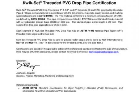 Kwik-Set® Threaded PVC Drop Pipe Certification Letter
