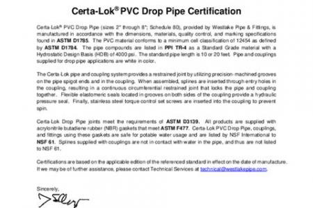 Certa-Lok® PVC Drop Pipe Certification Letter