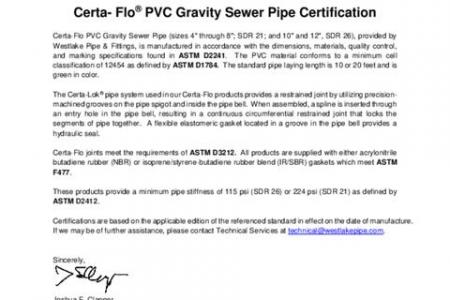 Certa-Flo® PVC Gravity Sewer Pipe Certification Letter