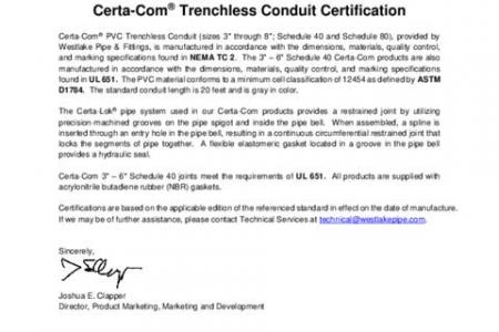 Certa-Com® Trenchless Conduit Certification Letter