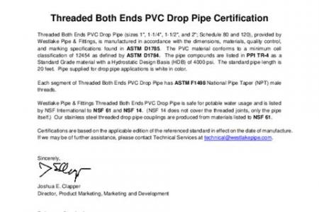 Threaded Both Ends PVC Drop Pipe Certification Letter