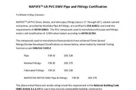 NAPSYS-LR PVC DWV Pipe and Fittings Certification Letter
