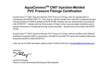 AquaConnect™ C907 Injection-Molded PVC Pressure Fittings Certification